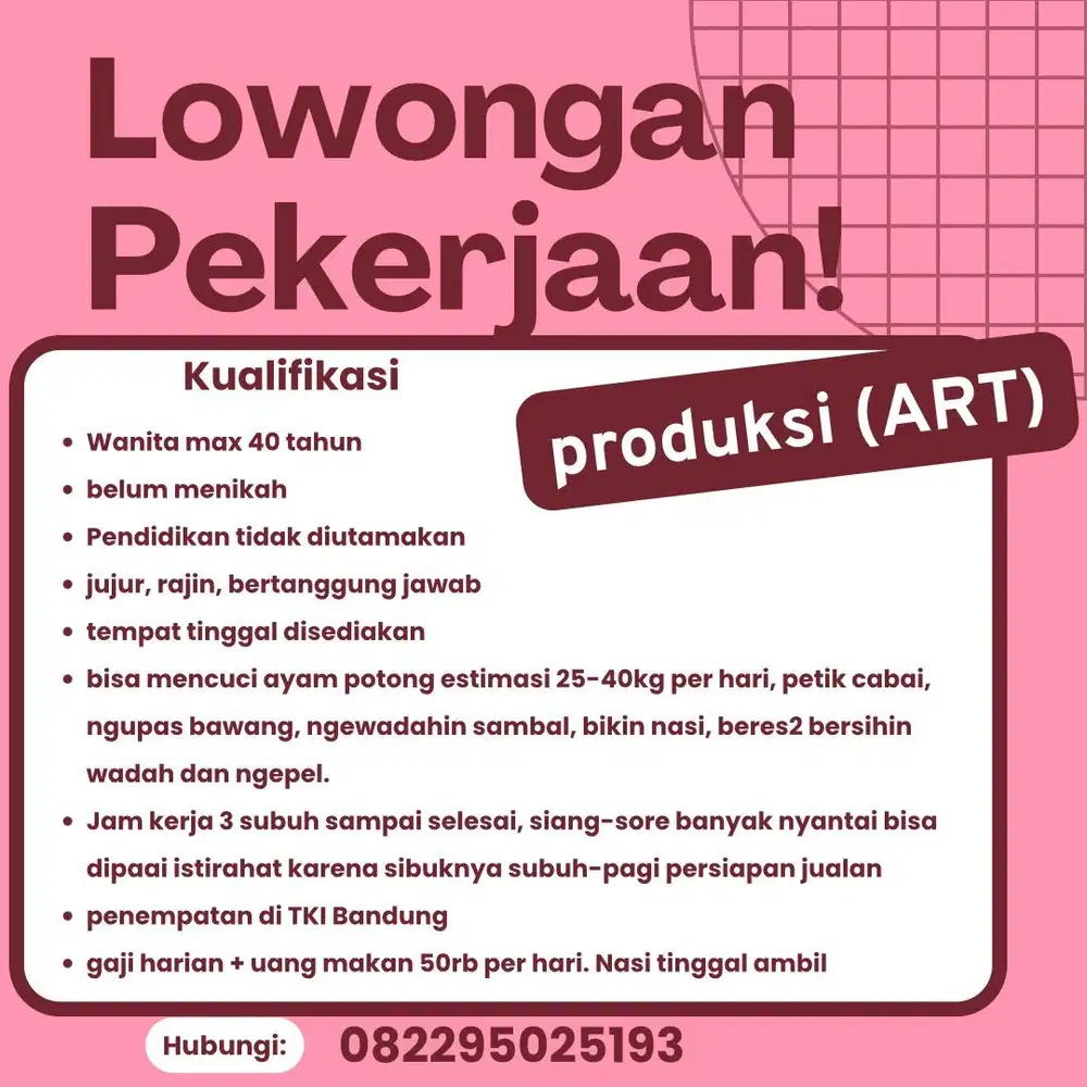 Loker ART/produksi siap bangun subuh