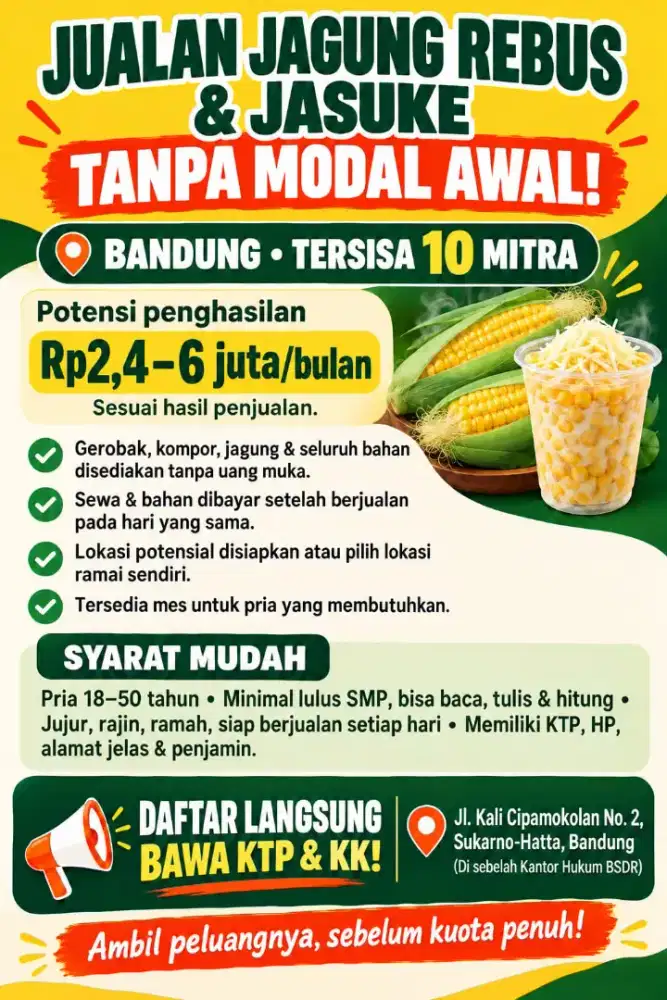 Lowongan sebagai MITRA USAHA JAGUNG REBUS DAN JASUKE