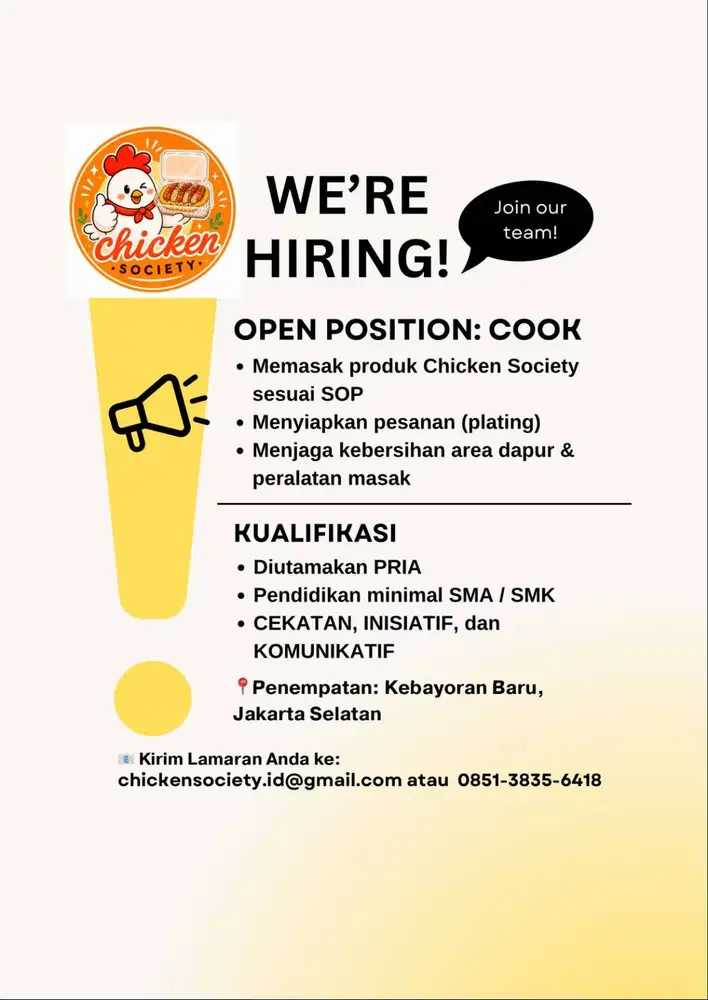 LOWONGAN KERJA COOK - CHICKEN SOCIETY