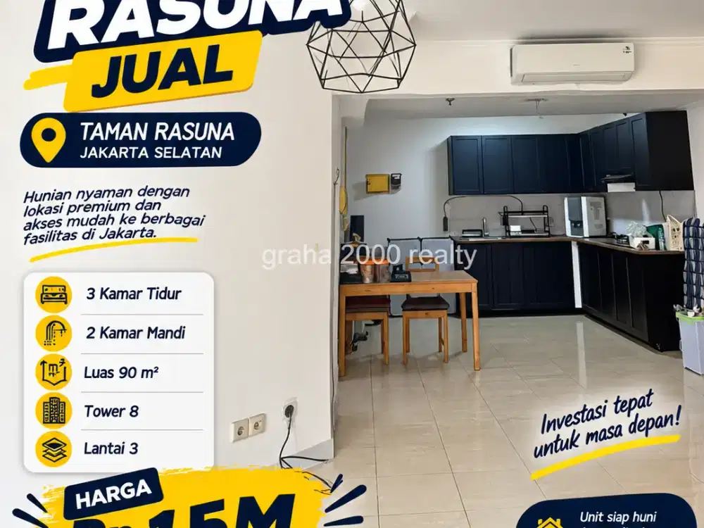 Apartemen Taman Rasuna 3BR 90 m2 Tower 8 Lantai 3 Dijual Rp1,5 Miliar