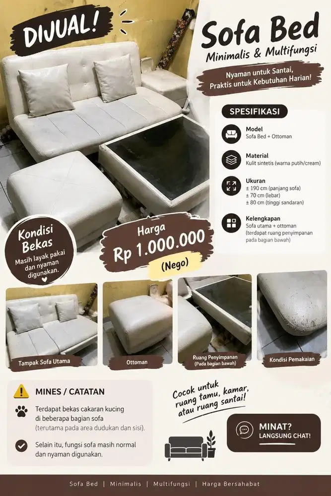 Sofa bed 1 set + meja dan 2 puff bekas