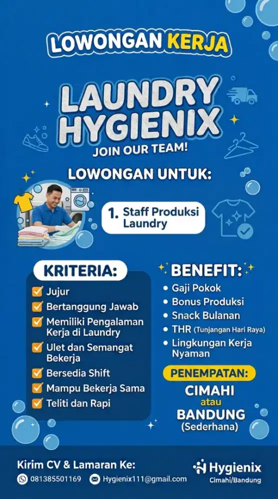 Dibutuhkan staff laundry pengalaman & cuci sepatu