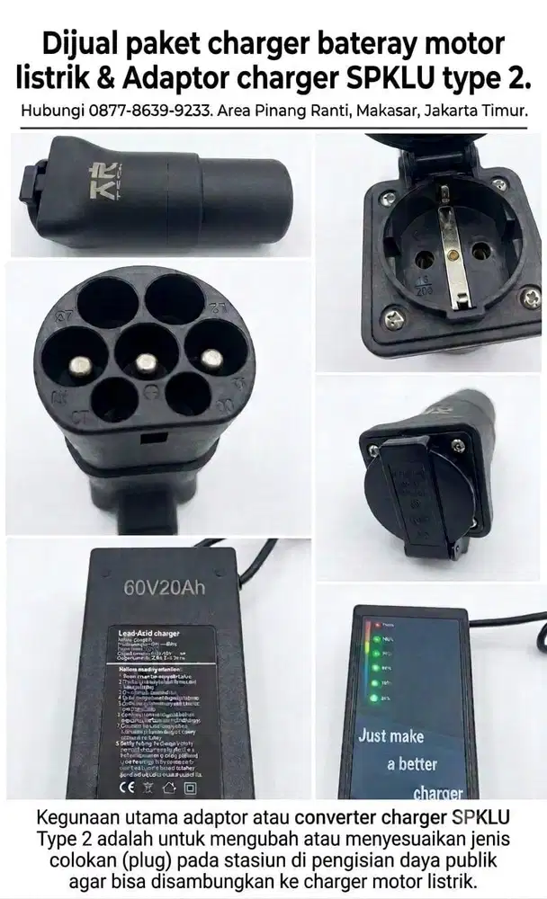Dijual Adaptor SPKLU type 2 & charger bateray 60V20aH motor listrik