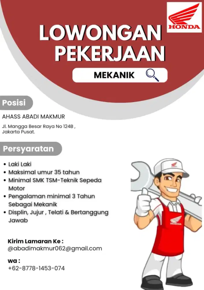 Di buka lowongan untuk  mekanik