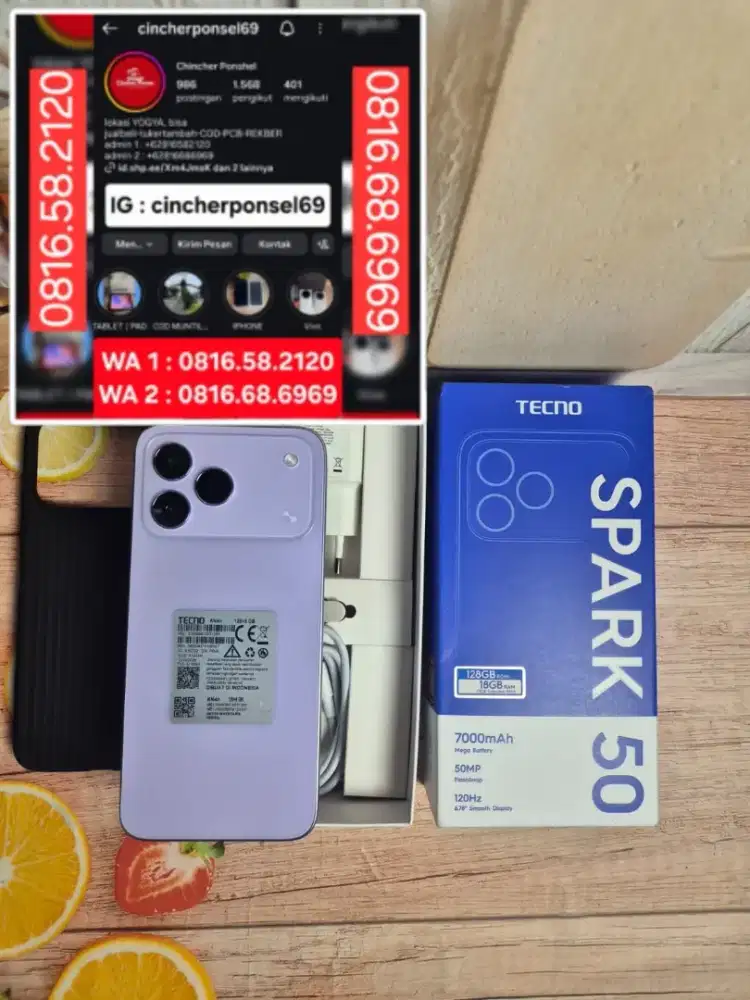 Jual hp likenew Tecno Spark 50 istimewa BH 100% belum ada sebulan