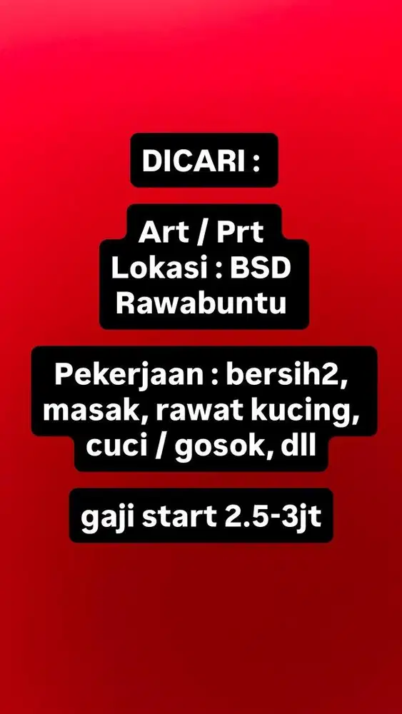 DICARI ART MENGINAP (bisa masak) - majikan langsung