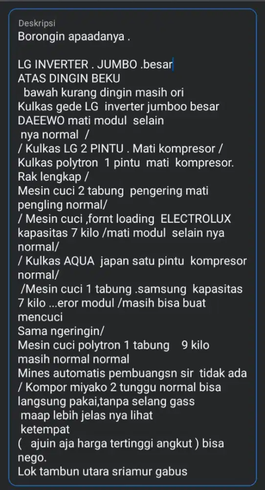 Lelang  semua kulkas dan mesin cuci