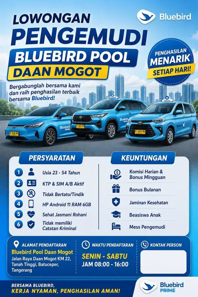 Lowongan Kerja Driver Taksi BlueBird Daan Mogot