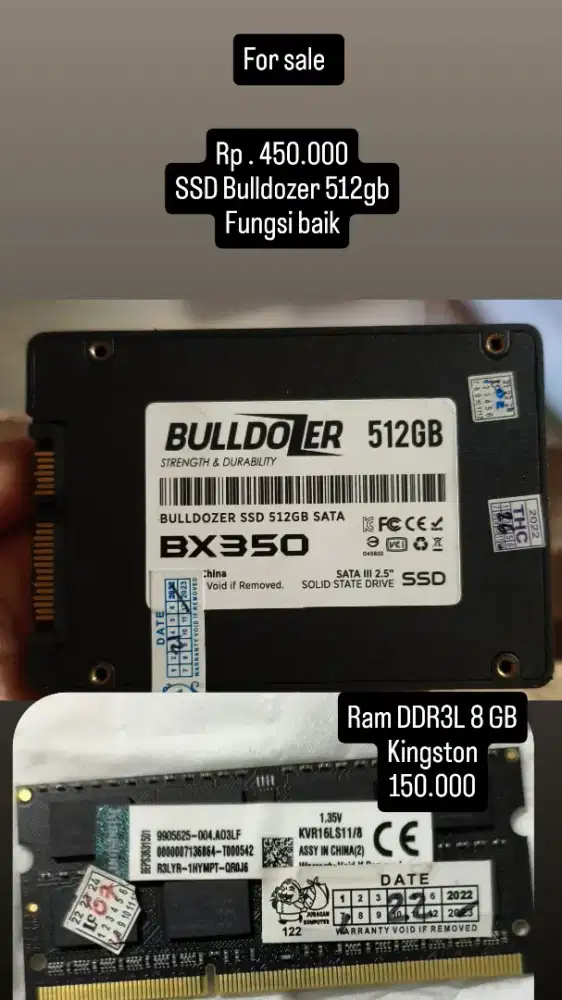 Dijual SSD 512 GB dan ram DDR3L 8 Gb