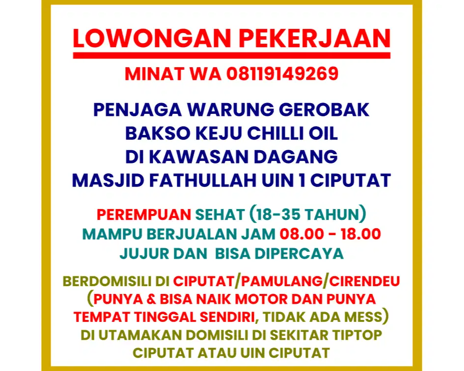 LOWONGAN PENJAGA WARUNG GEROBAK BAKSO KEJU CHILI OIL