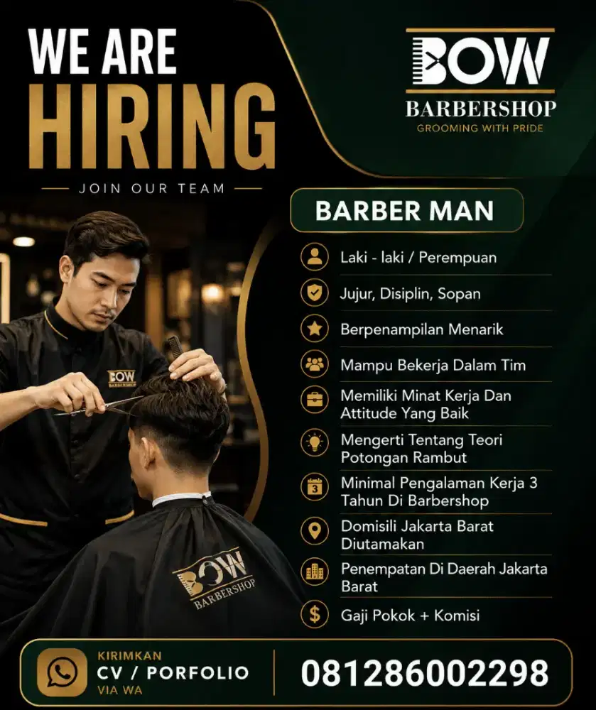 Lowongan Barber – BOW Barbershop (Jelambar & Jembatan Lima)