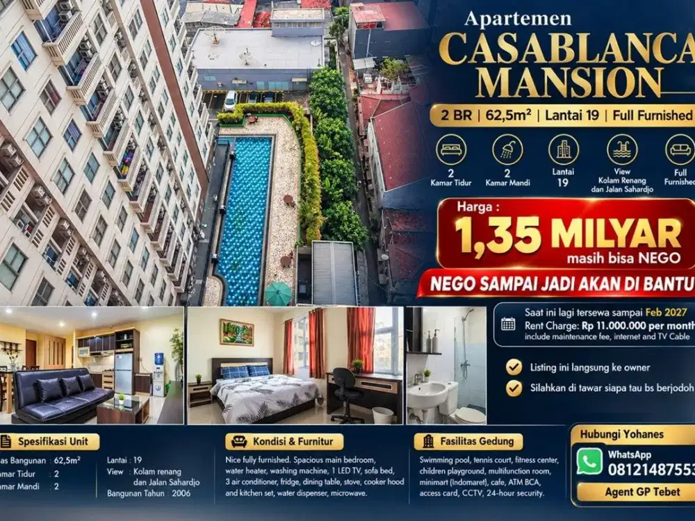 Apartemen Casablanca Mansion 2BR 62,5m² Lantai 19 Full Furnished