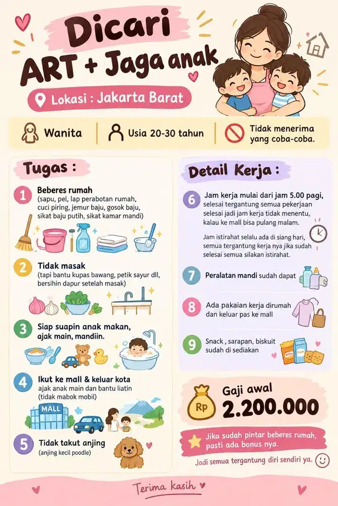 dicari art + bantu anak siap kerja sekarang