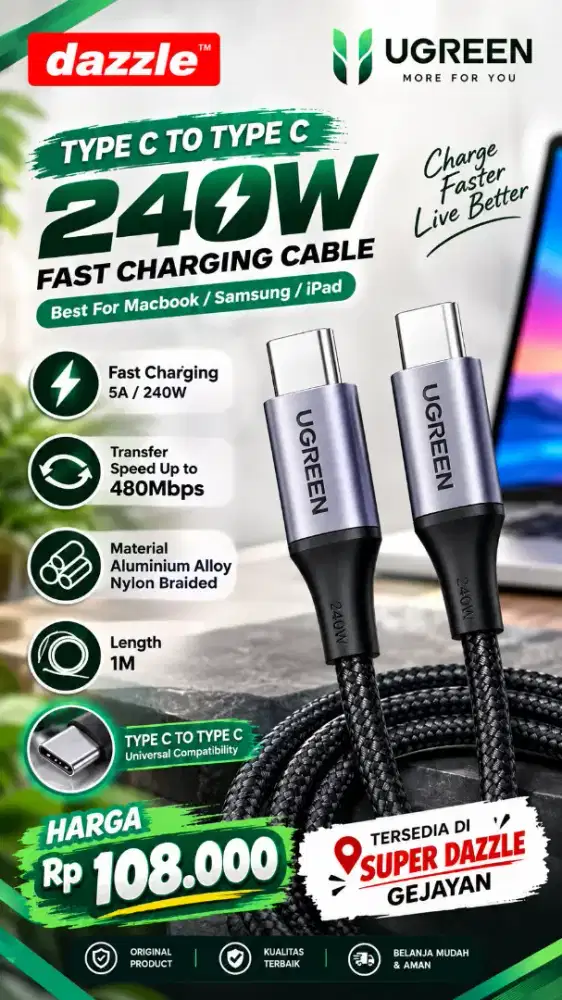 UGREEN TYPE C TO TYPE C CABLE 240W (15311)