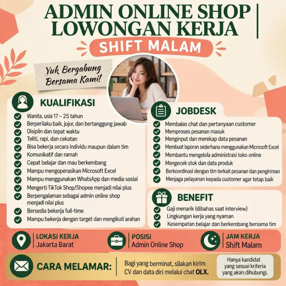 Lowongan Kerja Admin Online Shop Shift Malam Jakarta Barat | Ada Mess