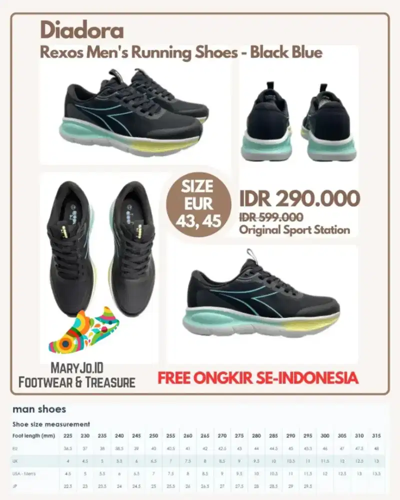 Diadora Rexos Men's Running Shoes - Black Blue : Size 43, 45