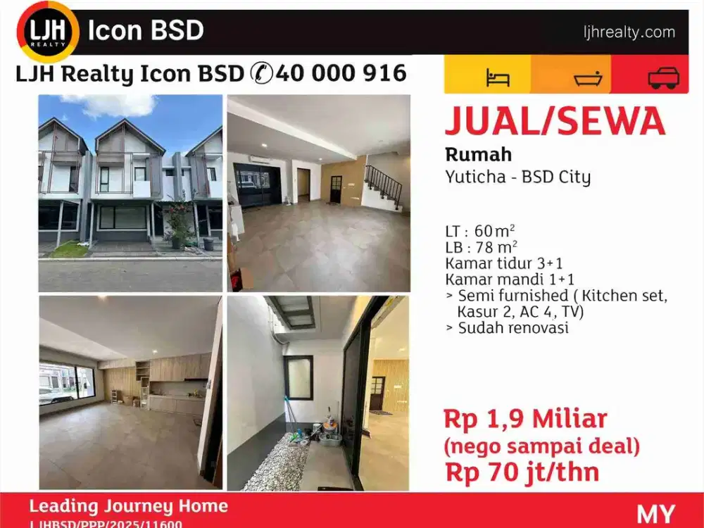 Di Jual/Sewa Rumah Hunian Yuticha BSD City