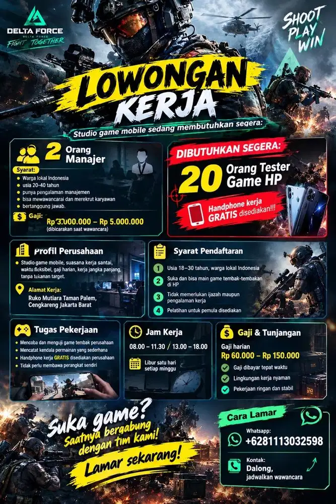 Studio game HP sedang butuh orang segera