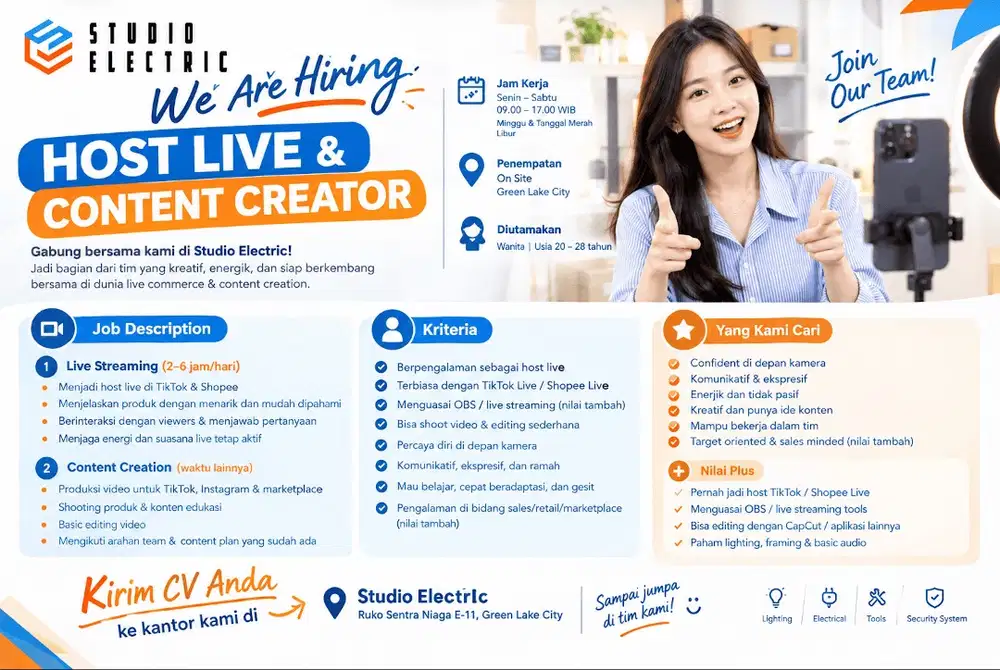 Lowongan Pekerjaan Host Live Streaming, Marketing Konten Creator Staff