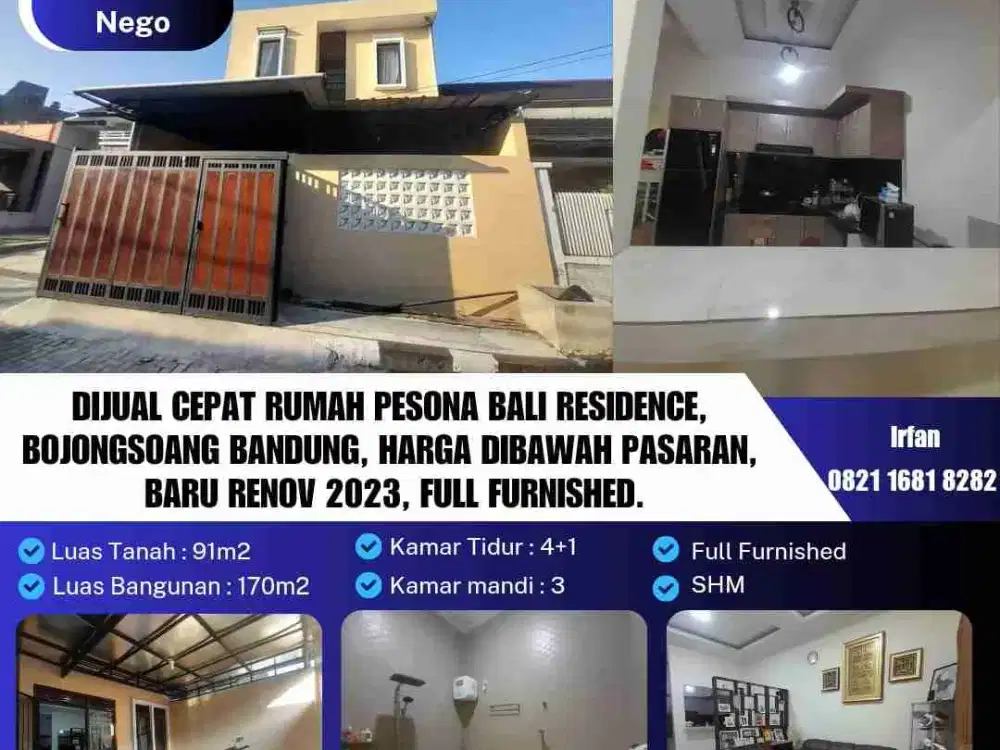 Dijual Cepat Rumah Pesona Bali Residence, Bojongsoang Bandung, Harga Dibawah Pasaran, Baru Renov 2023, Full Furnished.