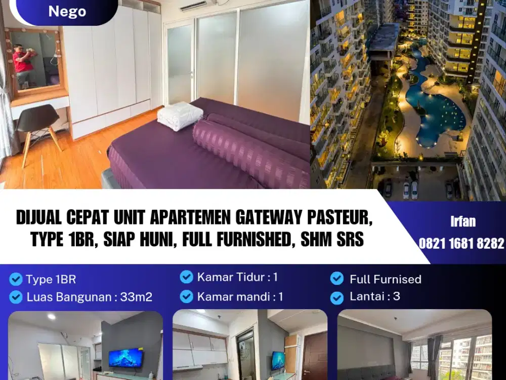 Dijual Cepat Unit Apartemen Gateway Pasteur, Type 1BR, Siap Huni, Full Furnished
