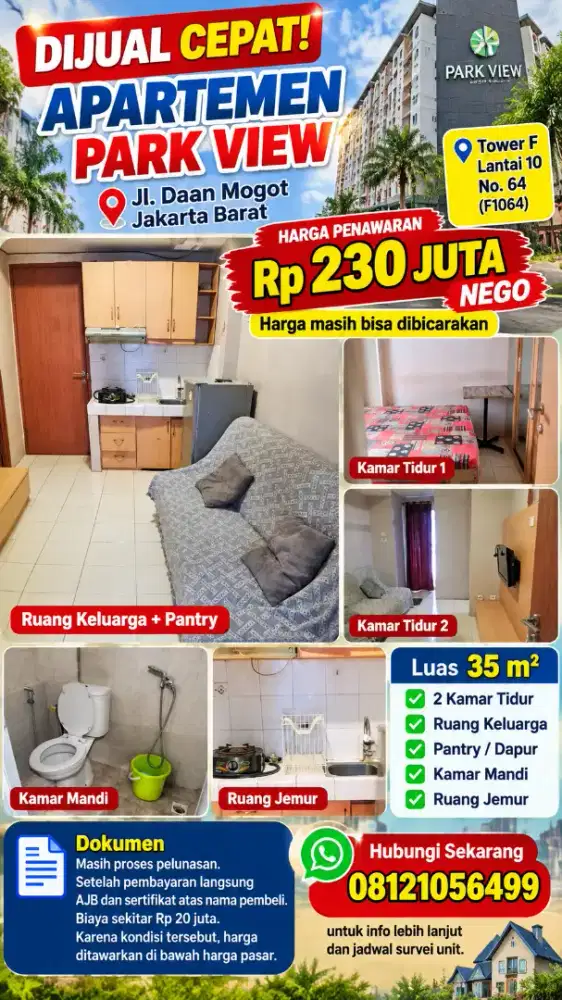 Dijual cepat BU Apartemen Park View Daan Mogot