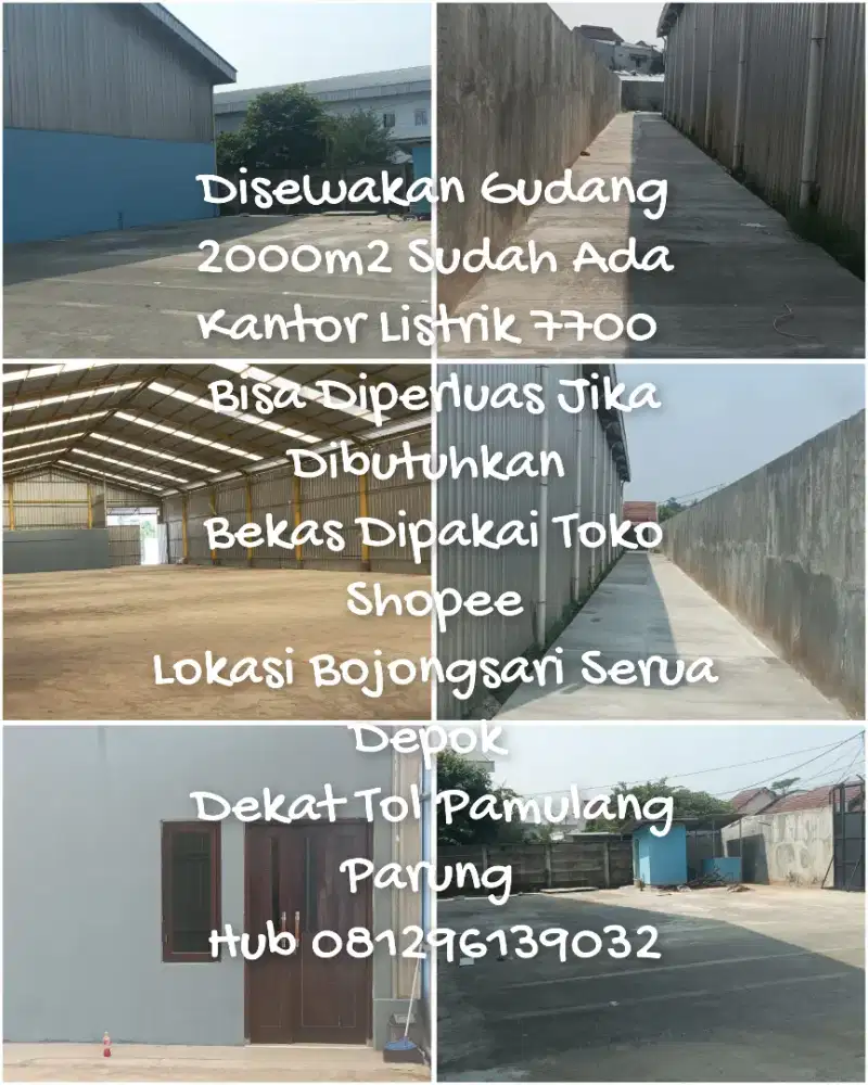 Disewakan Gudang 2000m Bojongsari Depok Dekat Tol Kawasan Pergudangan