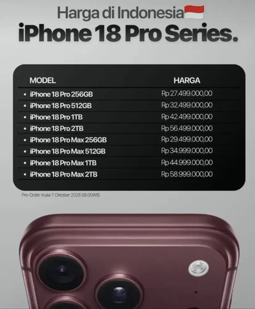 PO iPhone 18 Pro mulai hari ini 7 Oktober 2026