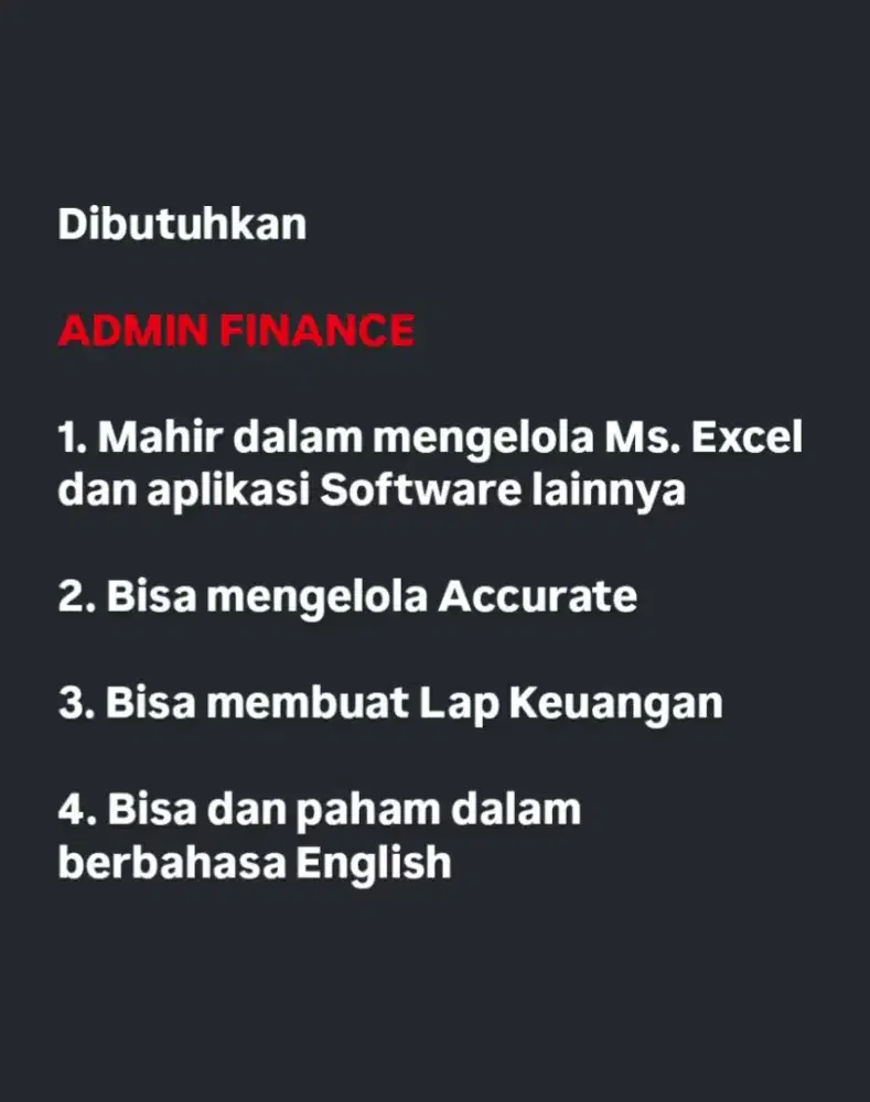 Dibutuhkan Admin Finance
