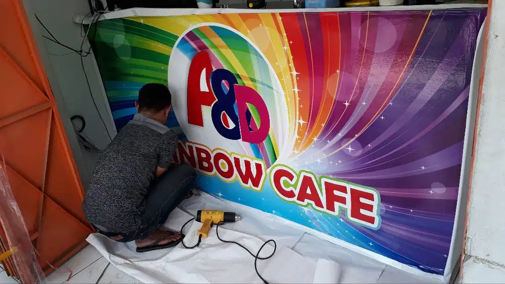 Sticker Branding meja booth cafe resto & papan nama, neonbox, akrilik