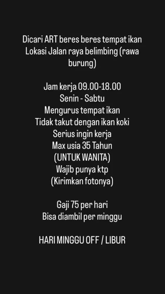 Dicari ART (asisten rumah ikan) bantu bantu bersih