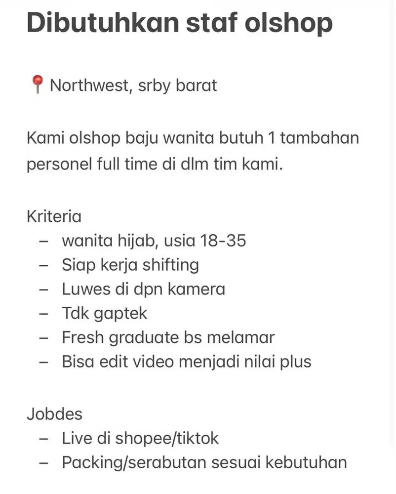Dibutuhkan host / staf olshop surabaya barat