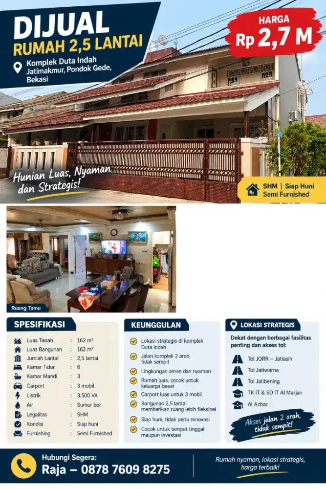 DIJUAL RUMAH HOOK 2.5 LANTAI DI DUTA INDAH JATIMAKMUR.