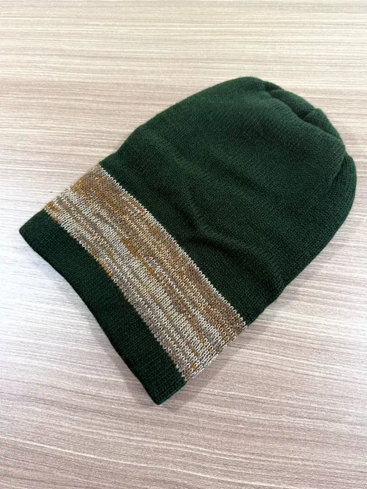 Topi Kupluk / Beanie Knit Dark Green Motif Stripes