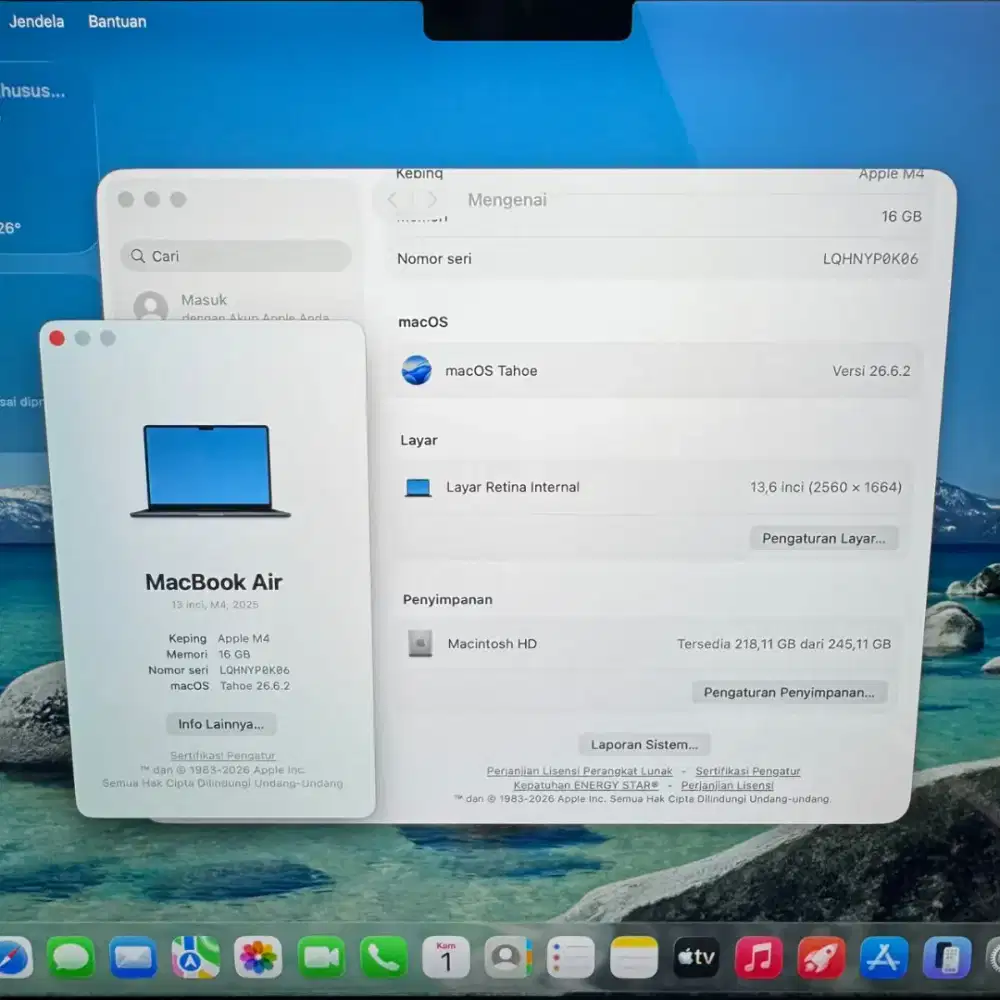 Macbook Air M4 13 Inch Ram 16 Ssd 256 lengkap full set Midnight Blue