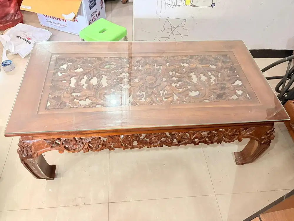 meja ukir jati kaca