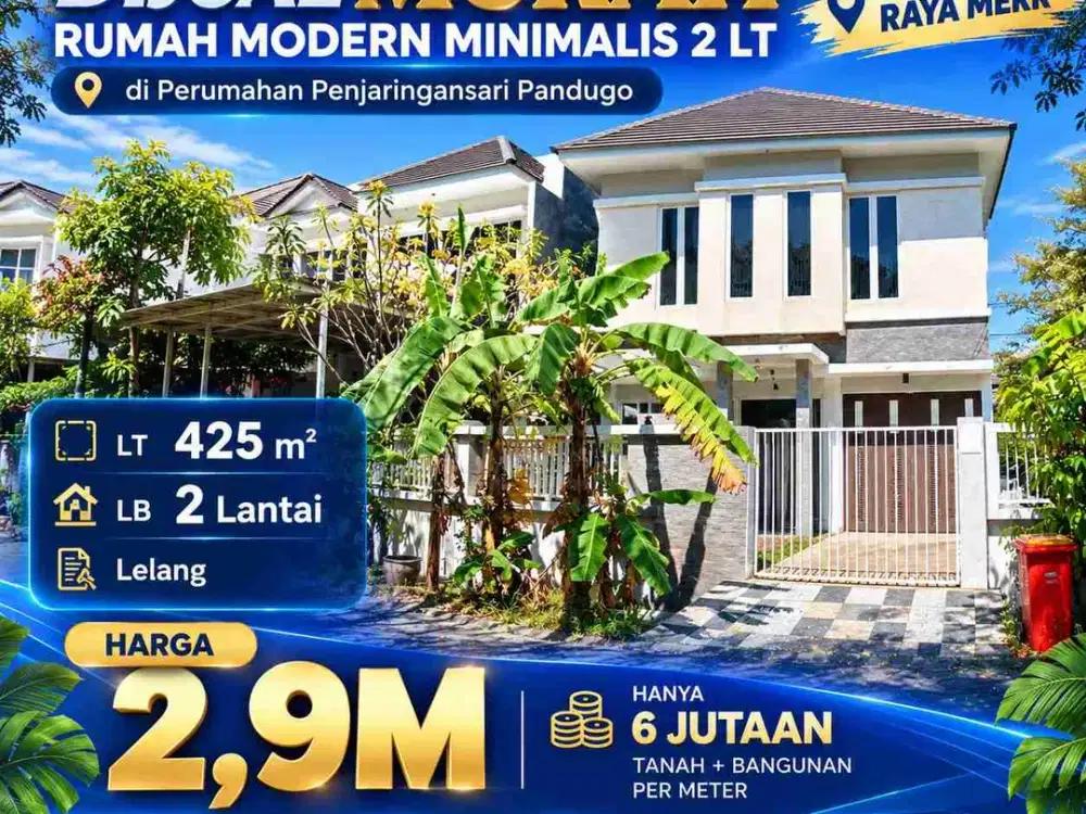 Dijual Murah Lelang Rumah Modern Minimalis 2lt di Perumahan Penjaringansari Pandugo