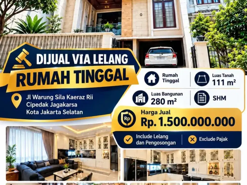 DIJUAL VIA LELANG – RUMAH TINGGAL 3 LANTAI, JAGAKARSA, JAKARTA SELATAN