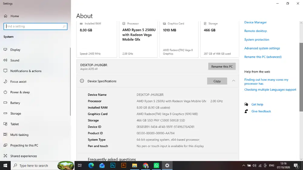 Acer Aspire 3 A315-41 AMD Ryzen 5 2500U RAM 8GB SSD 500GB