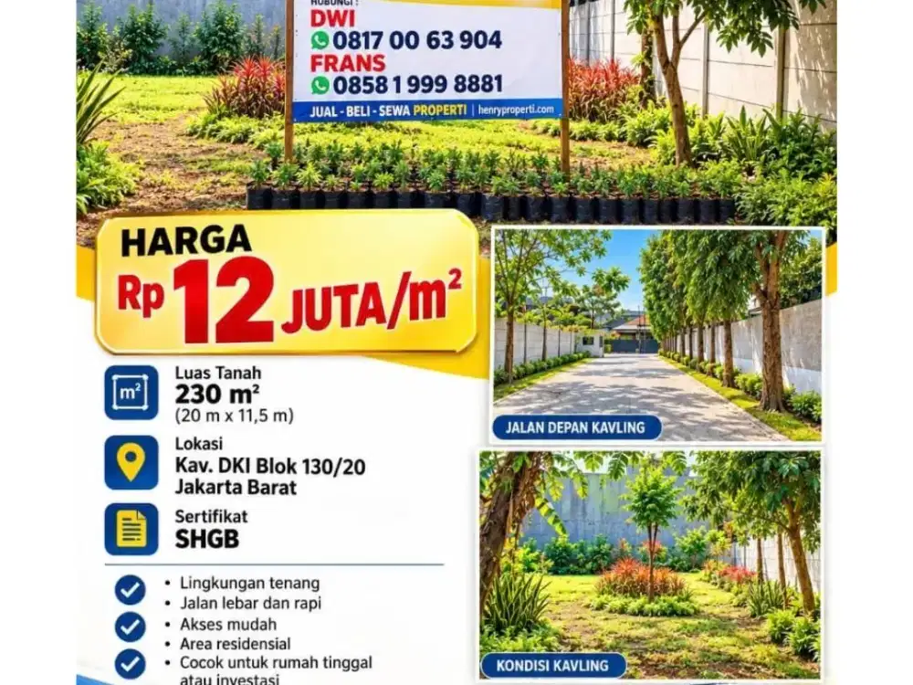 Dijual Kavling 230 m² Strategis di Kav. DKI Blok 130/20 Jakarta Barat – SHGB