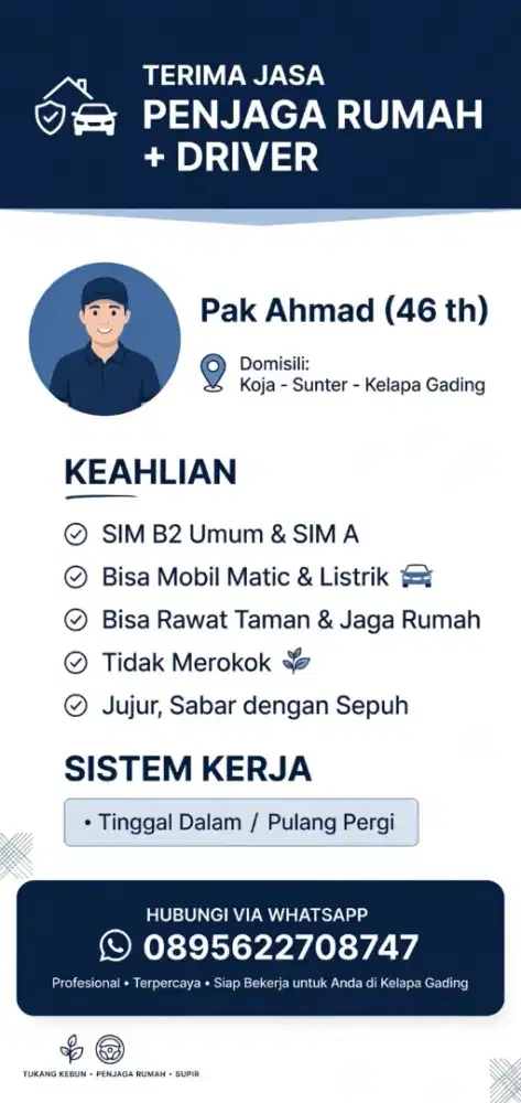 Supir + Penjaga Rumah dan Taman -Rumah sekitar kelapa gading