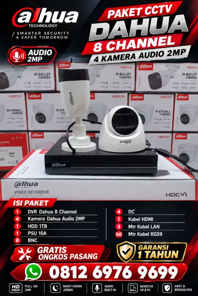 Paket cctv dahua 8 ch 4 kamera audio 2mp