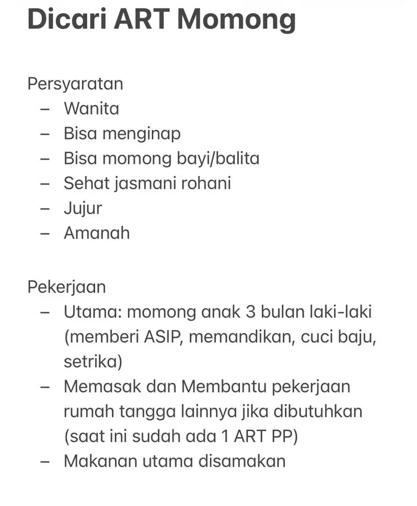 Dicari ART Momong + serabutan