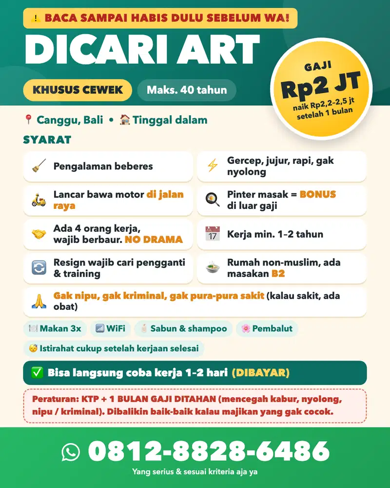 Dicari ART Beberes Cewek - Canggu Bali (Tinggal Dalam)