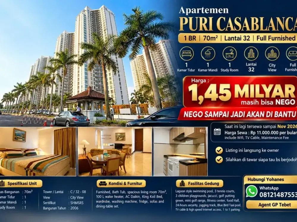Apartemen Puri Casablanca 1BR 70m² Full Furnished Lantai 32 City View