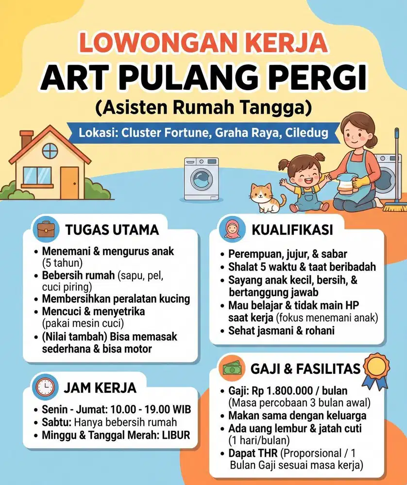 LOWONGAN ASISTEN RUMAH TANGGA (ART) PULANG PERGI