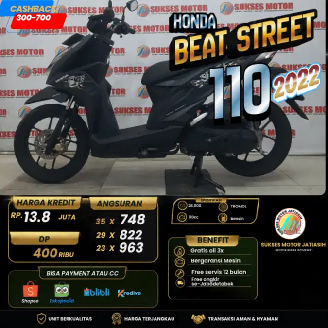 HONDA BEAT STREET 2022 PLAT JAKARTA KM MASIH RENDAH BISA PAYLATER