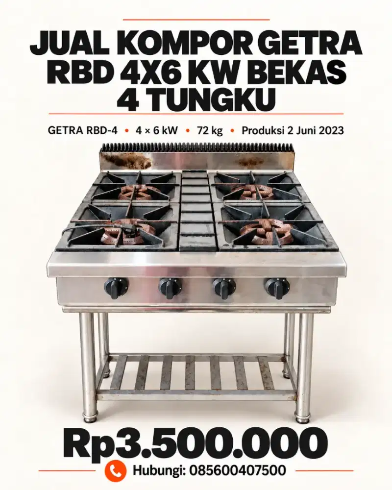 Jual kompor getra bekas 4x6kw 4 tungku