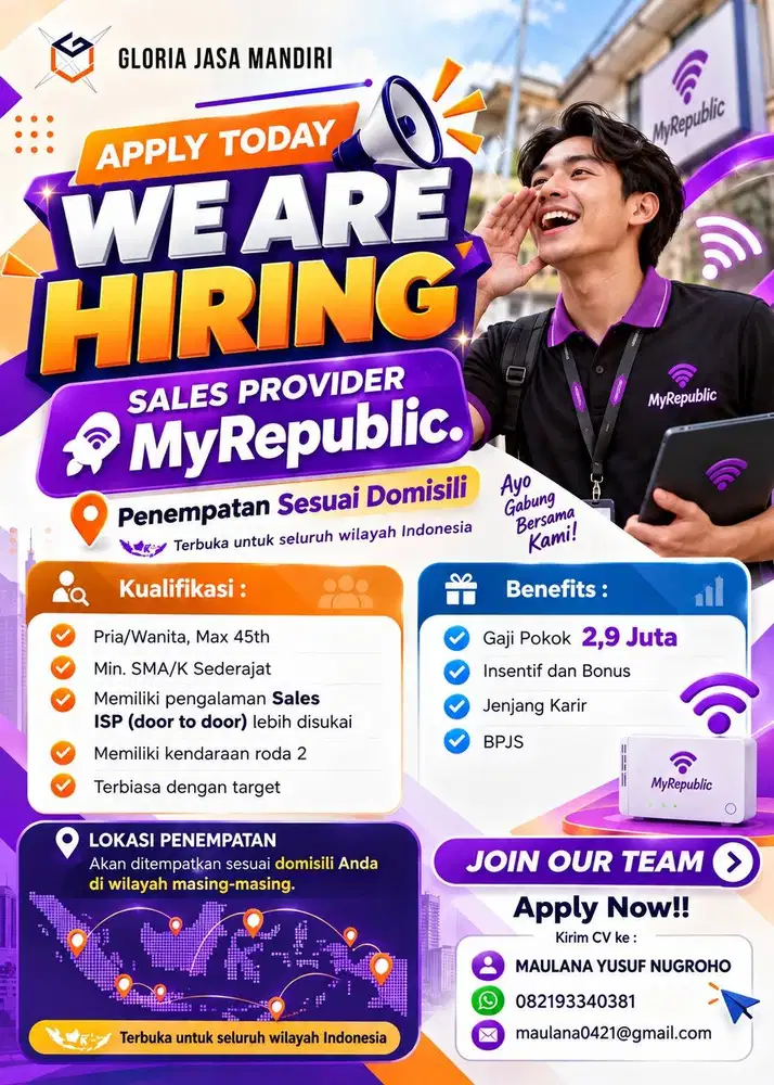 LOWONGAN SALES PROVIDER MYREPUBLIC – GAJI 2,9 JT + INSENTIF | PENEMPAT