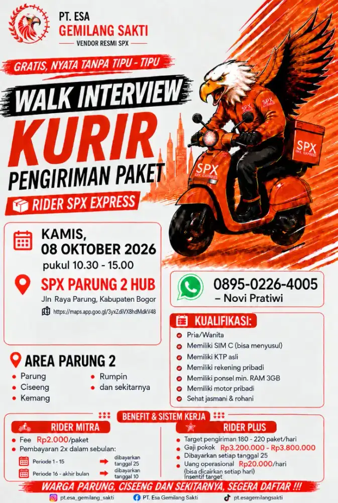 WALK INTERVIEW KURIR SPX !!! KAMIS 08 OKTOBER 2026